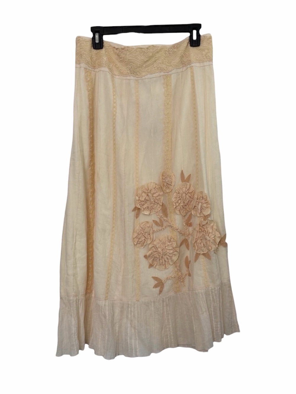 Vintage Cotton Cottagecore Floral Appliqué Maxi Skirt Ivory Romantic Boho